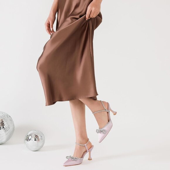 Women's Rhinstone Light Pink Strap Bow Closed Toe Adjustable Pumps Heeled Shoes - Picture 5 of 9